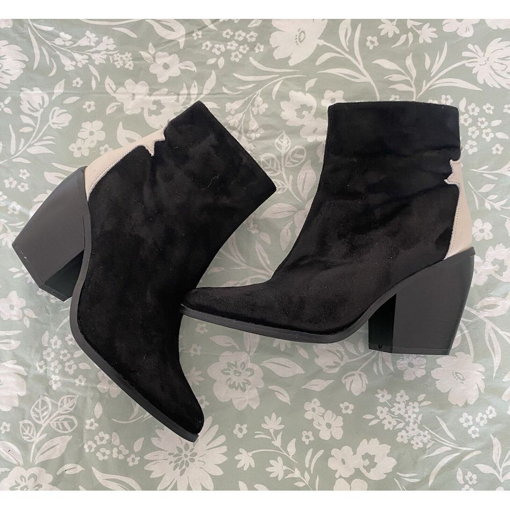 YOKI Western Booties, Black  Suede with White‎